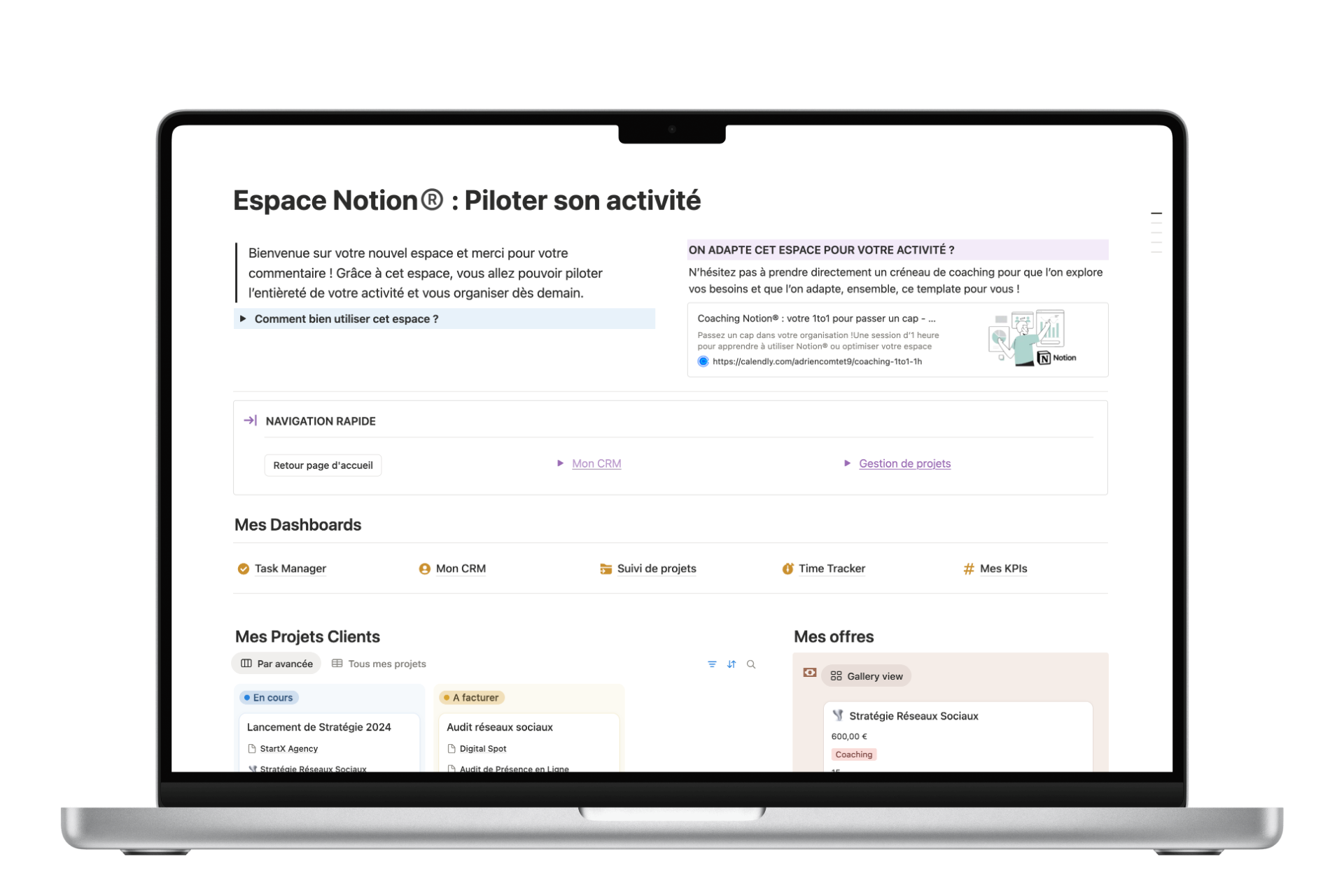 Espace Notion® : Piloter son activité — exemple sur-mesure